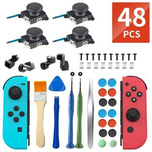 Joystick Replacement Kit for Joycon ( 48 in one), Joystick Replacement for Switch/ Switch Lite/ Switch OLED Joycon, Include 4 Thumb 3D Sticks, 4 Metal Buckles, 2 Screwdrivers, Pry Tool, 14 Thumbstick Grips