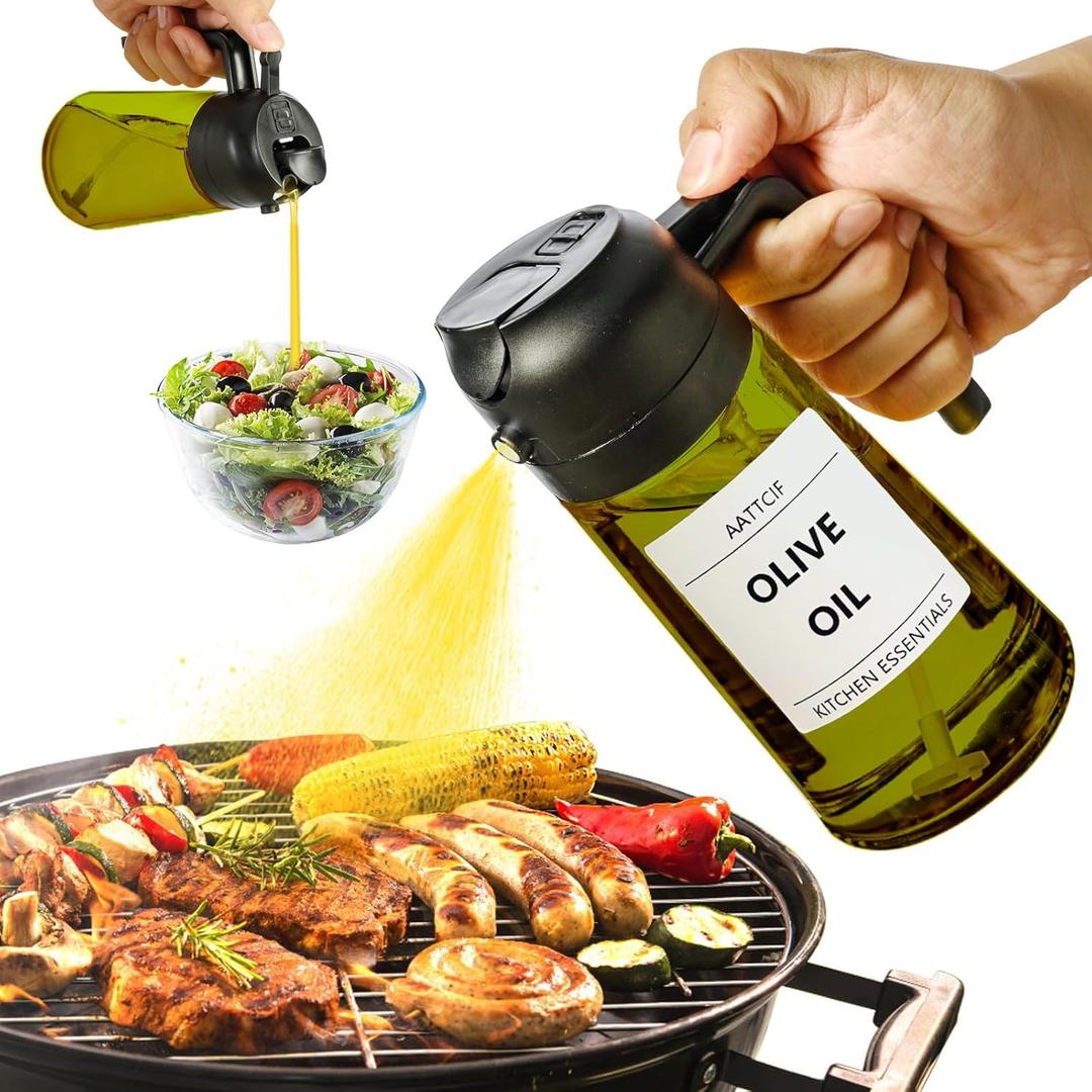 Olive Oil Dispenser Bottle, Oil Sprayer for Cooking 2 in 1 Oil Dispenser for Kitchen, 16oz Light Blocking Olive Oil Sprayer with 8 Stickers, Kitchen Gadgets for Air Fryer, Salad, Baking, BBQ