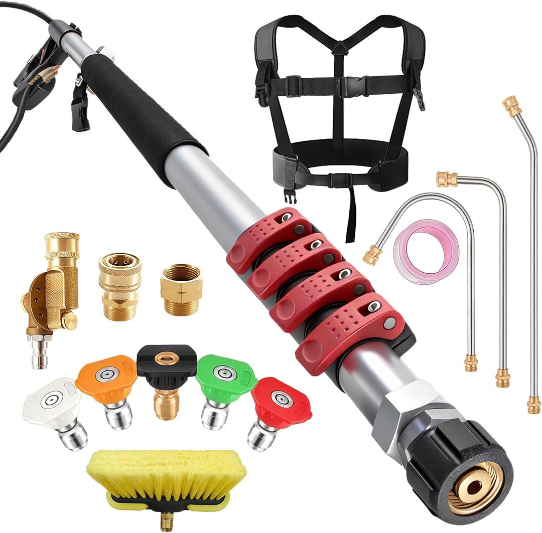 Gutter Cleaning Tools 24 FT Telescoping Pressure Washer 3 Extension Wands, Gutter Cleaner Attachment, Brush Head, 5 Spray Nozzle Tips, 3 Hose Adapters and Adjustable Support Belt, 57.09 inches