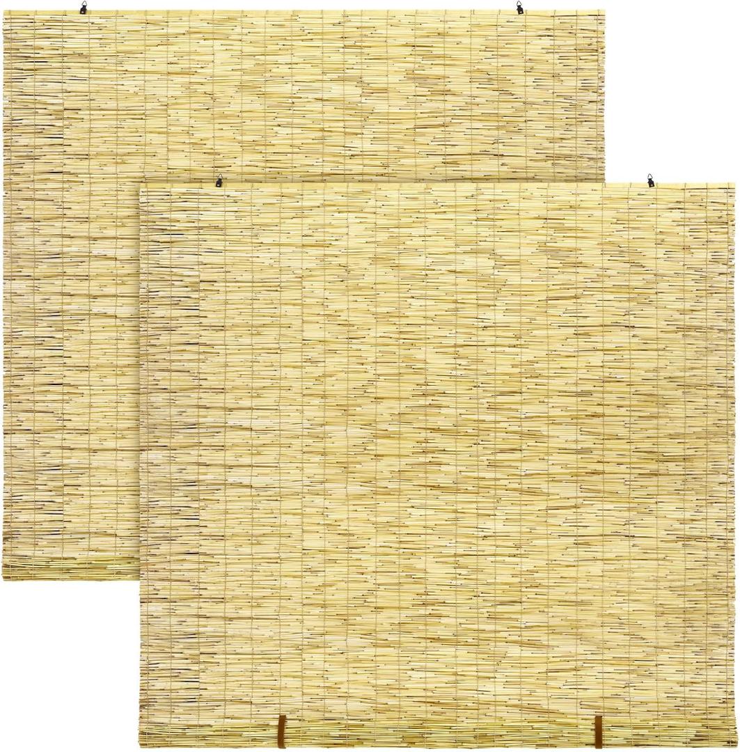 DoubleFill 2 Pcs Bamboo Shades Outdoor Reed Roll up Blinds 60" W x 72" H Blackout Sunshade Cordless Bamboo Blinds for Home Porch, Patio & Windows Decor Shutters Sunlight Privacy Screen(Natural)