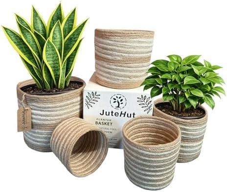 Planter Basket Set – 5-Piece Handwoven Jute Planter Basket for Home Decor, Nursery, or Indoor Plants (5'' to 8'' Diameter, 4.75'' to 7.75'' Height) – Wrinkle Free - Natural Beige with White Band