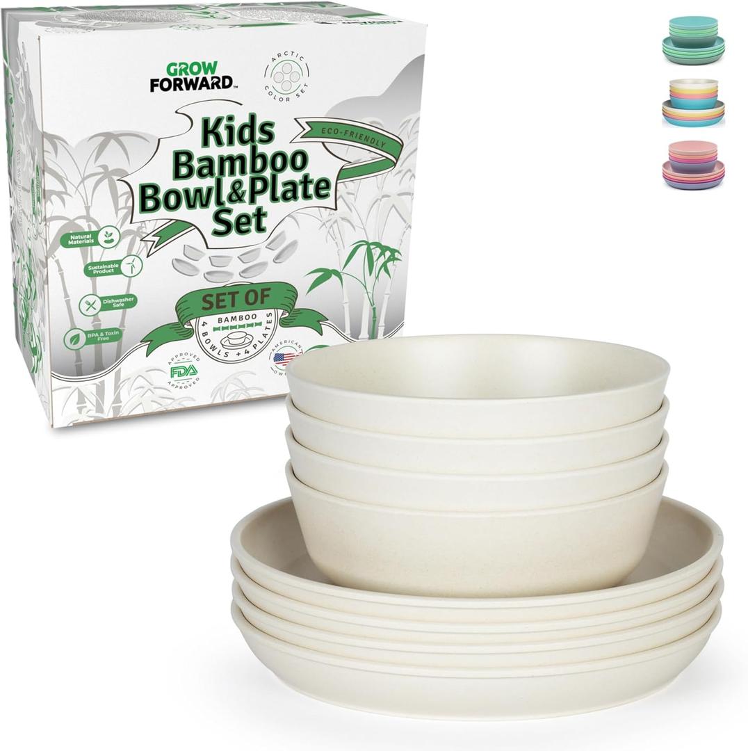 Grow Forward Bamboo Kids Plates and Bowls Sets - 8-Piece Dishwasher Safe Non Toxic Plates for Kids - Reusable Eco Friendly BPA Free Dishes Dinnerware Sets for Children - Arctic