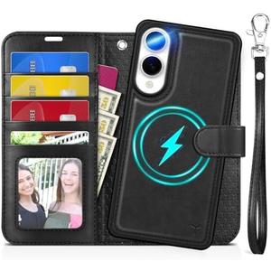 TUCCH Wallet Case for Galaxy S25 Edge, Removable 2 in 1 RFID Blocking [4 Card Slot] Wrist Strap [Wireless Charging] Kickstand PU Leather Magnetic Detachable Protective Cover for Galaxy S25 Edge, Black