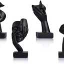 LCCCK Abstract Face Statues Set of 4  Black Thinker Style Face Sculptures for Shelf, Desk or Home Decor  Modern See No Evil Figurines  Minimalist Resin Art for Office or Gifts