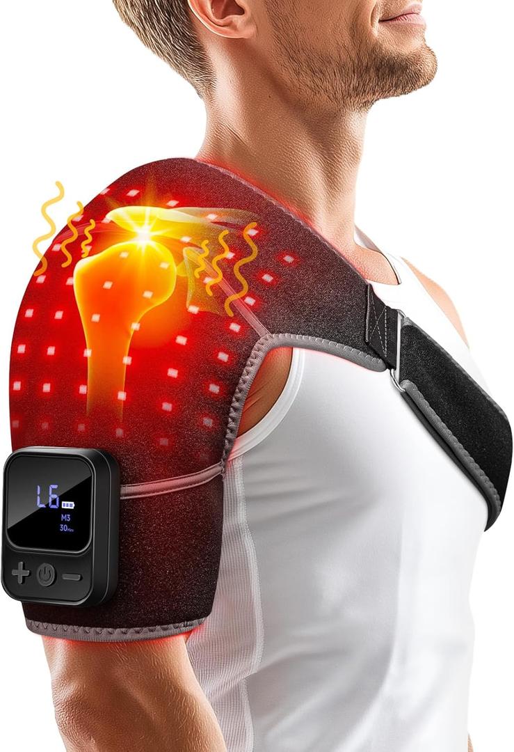 Red Light Therapy for Shoulder with Heat & Massage, 6 Modes 5000mAh Cord-Free Controller Infrared Light with 216 Beads 660nm & 850nm Portable Heated Shoulder Pad, Last 110-240mins