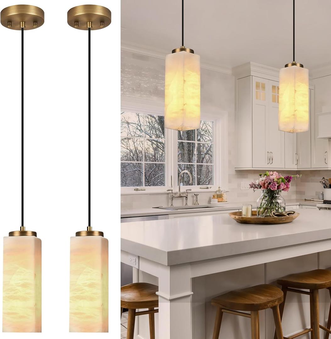 Natural Alabaster Pendant Lights Set of Two, H-11in Pendant Light Fixtures, Marble Square Shade Copper, Light Pendant for Bedroom Dining Room Living Room (E12 Bulbs INCL) Gold, 2 Pack