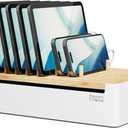 Prosumers Choice Bamboo Charging Station for Multiple Devices - Wooden Charger Organizer with Removable Dividers for Phones, Tablets, and Laptops - 11 Inch Cable Organizer Box - Space-Saving Desk Dock (Metal & Bamboo White)