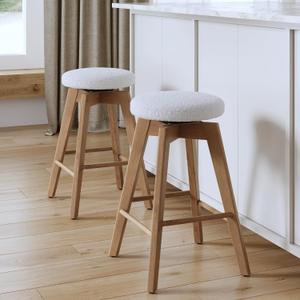 Nathan James Amalia Bohemian Swivel Bar Stool, Backless Counter Height Boucle Counter Stool with Solid Wood Legs and Upholstered Seat, White Oak Set of 2