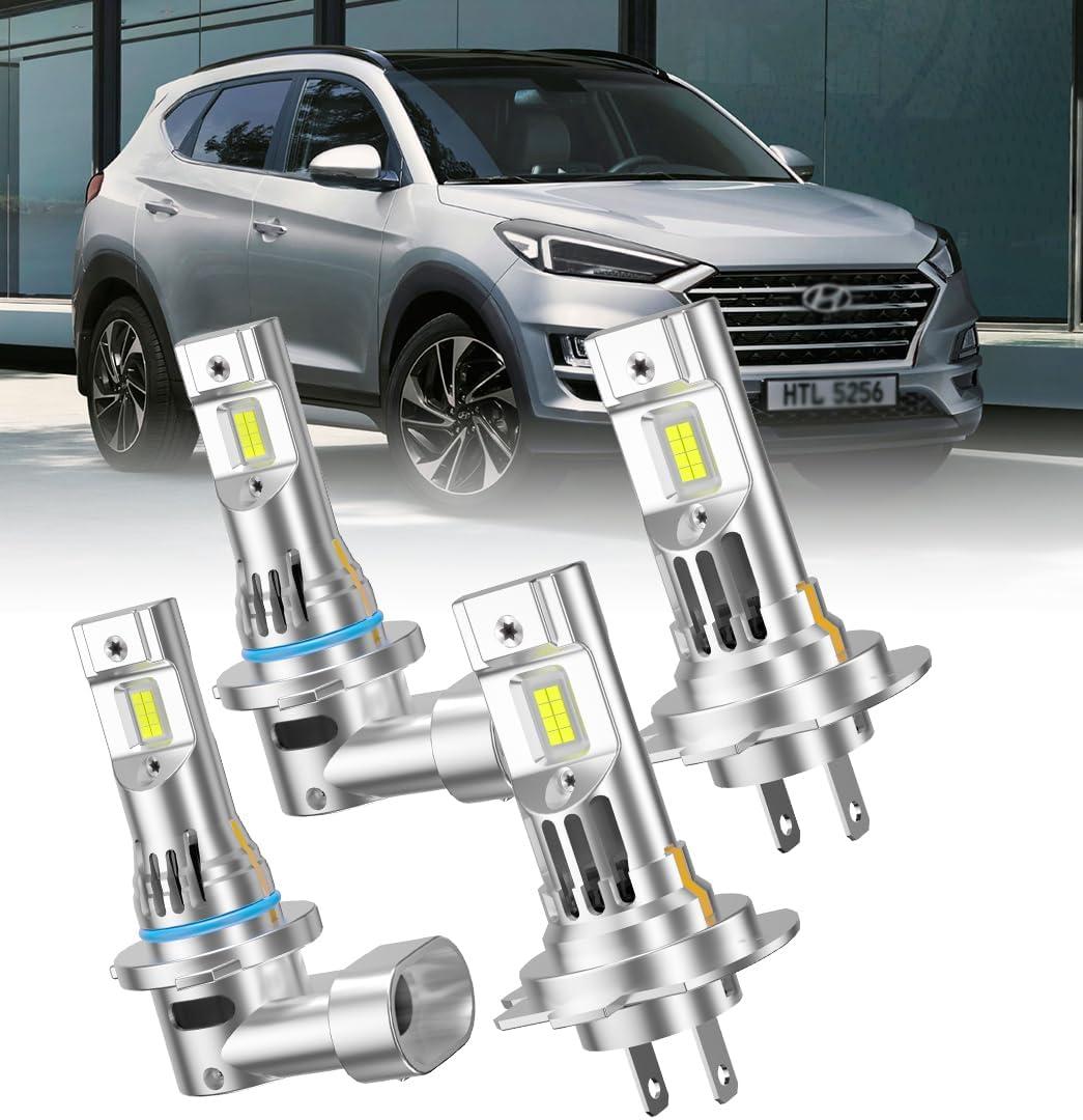 LED Headlight Bulbs for Hyundai Tucson 2019-2021, 9005 High Beam, H7 Low Beam, 6500K White, 22000LM, 400% Brighter, 4-Pack with Built-in Fan