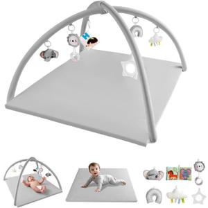 Baby Play Gym with Soft Foam Mat  Removable & Machine Washable Cover, Velvet Tummy Time Mat with 6 Sensory Toys, Non-Slip Activity Mat for Infant Development, Newborn Essentials Gift, Grey