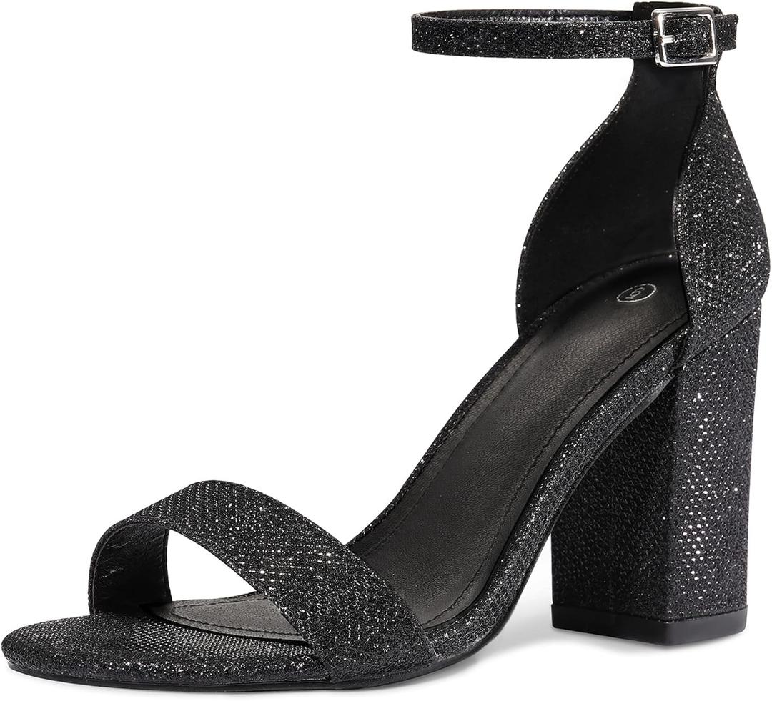 COASIS Women's Chunky Block Heels Open Toe Ankle Strap 3.5 Inch Heeled Sandals (Black Glitter)