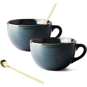 700 ML Large Ceramic Coffee Mug 2 Set with Coaster and Spoon，Grain Soup Cup/Coffee Mug/Salad Bowl for Coffee, Tea, Ice Cream, Cereal (Dark green 2 set)