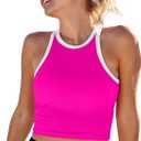 Everrysea Womens Workout Tops Ribbed Longline Sports Bras Crop Yoga Top High Neck Athletic Tank Built in Bra Racerback, Large (Pink)