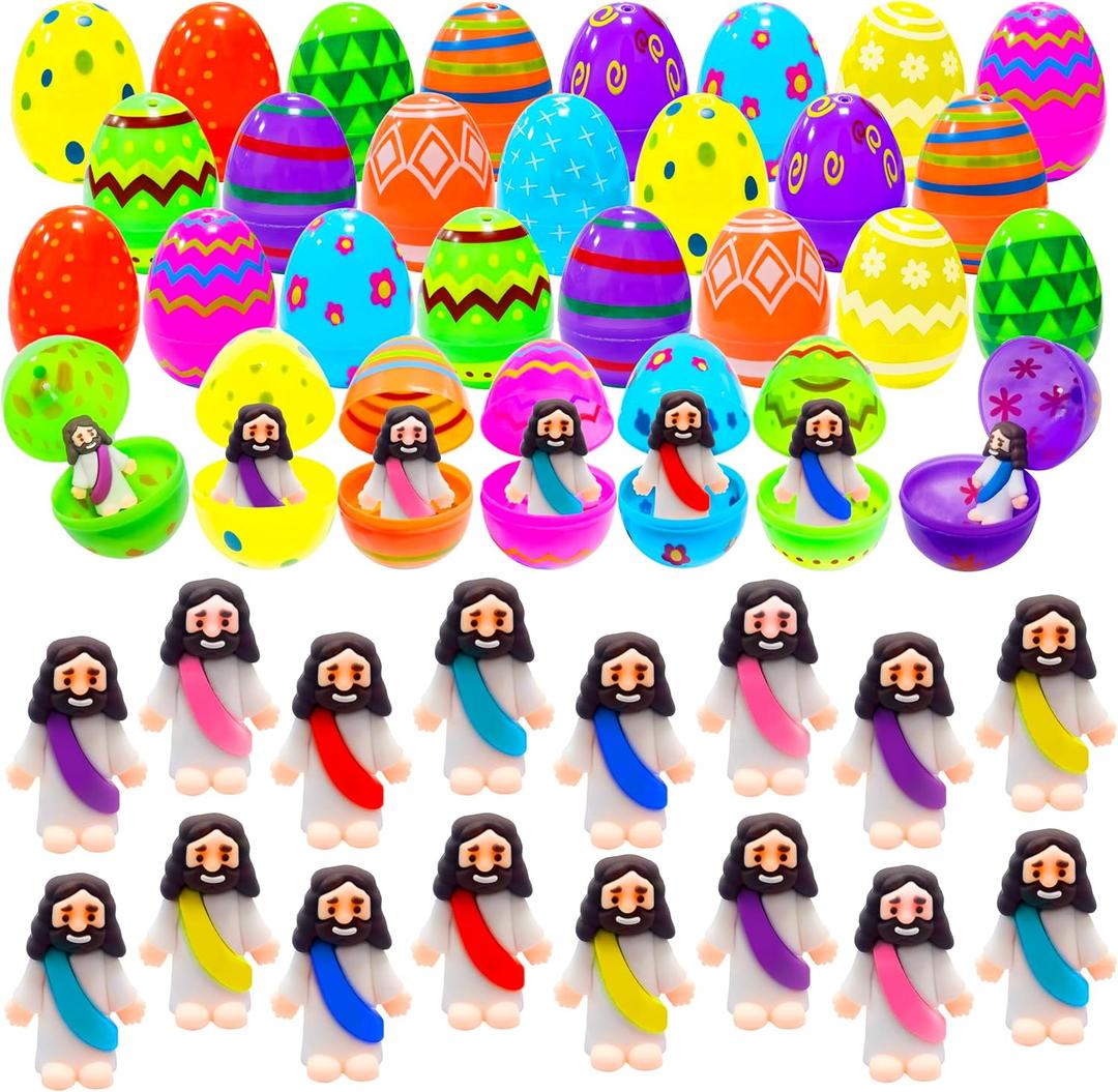 24 Pcs Prefilled Easter Eggs with Mini Jesus Figurines Resin Toys Great for Kids Toddlers Easter Egg Hunt Fillers Easter Basket Stuffers Party Favor Gifts