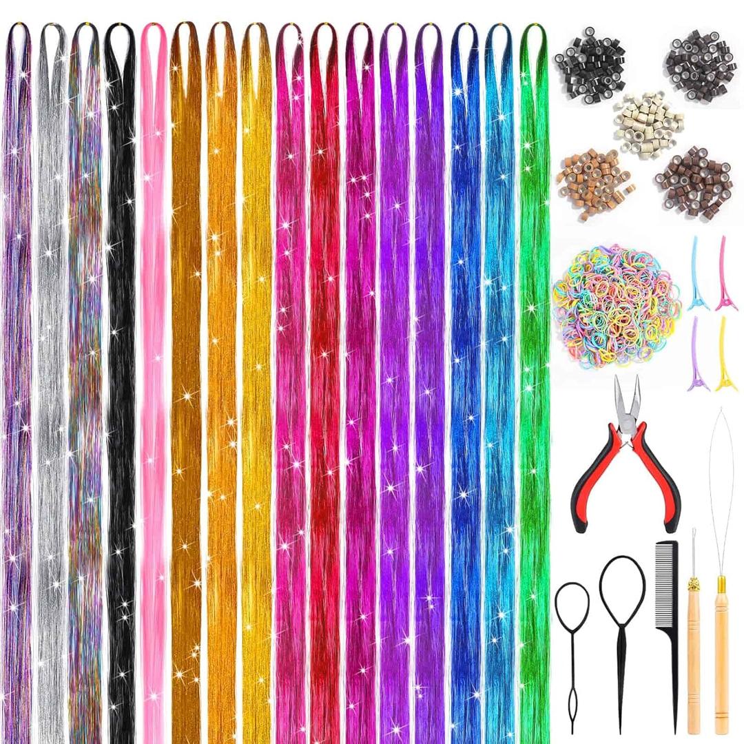 Hair Tinsel Kit (48 Inch, 16 Colors, 3200 Strands), Glitter Tinsel Hair Extensions with Tools, Heat Resistant Fairy Hair Tinsel Kit with Hair Tinsel Beads for Women Girls Daily Parties Festival