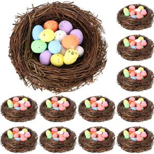 12 Pcs Easter Faux Bird Nest with 100 Pcs Eggs Small Artificial Rattan Nest Decorative Simulation Twig Miniature Birds Nests for Crafts Party Creative Patio Decoration Home Garden (3.9 Inch)