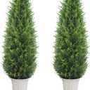 Realistic Artificial Cedar Tree with Planter Set of 2,Faux Topiary Cypress Plant for Home,Office,Living Room,Porch Indoor Outdoor Decor,No Maintenance Fake Evergreen Shrub (4.5FT White)