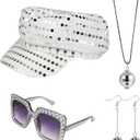 XEPST 4 PCS 70s Disco Costume Accessories Set with Sequin Hat Silver Earrings Sunglasses Necklace Disco Fancy Dress Kit for Women Retro 70 80 Theme Party Birthday Dance
