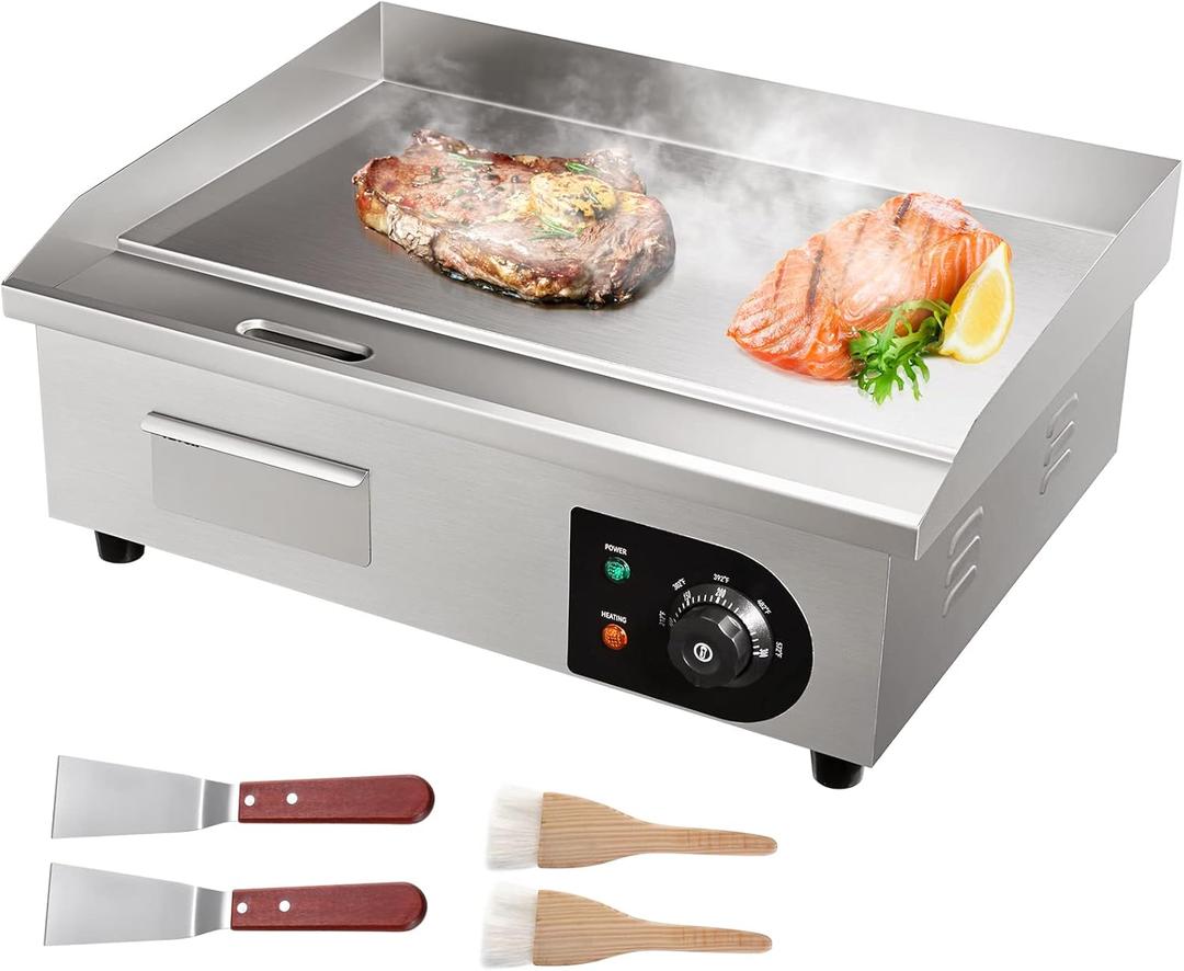 VEVOR Commercial Electric Griddle, 22", 1600W Countertop Flat Top Griddle, Stainless Steel Teppanyaki Grill w/Iron Cooking Plate, 122-572 Adjustable Temp Control 2 Shovels & Brushes, 110V (22 inch)