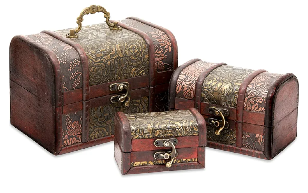 Juvale Wooden Treasure Chest Set - 3 Nesting Boxes, Brown Floral - Decorative Storage & Jewelry Box with Hinged Lid, Vintage Antique Decor