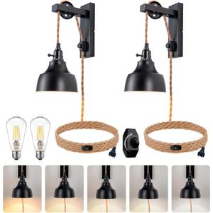 8FT Dimmable Plug in Wall Sconces Pulley Wall Lamps Vintage Hanging Light Fixture Wall Lights with Plug in Dimmable Switch Set of Two Black Wall Lamp for Bedroom, Living Room and Hotel