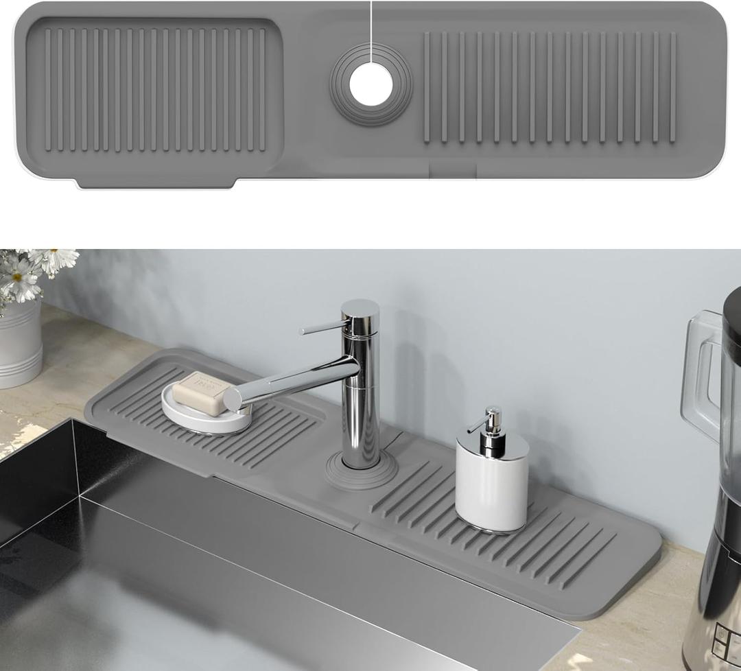 Kitchen Sink Splash Guard Behind Faucet 24 x 5.5 Inch, Toovem Faucet Handle Drip Catcher Tray, Longer Silicone Sink Faucet Mat, Dish Soap Sponge Holder for Bathroom, Farmhouse, Bar, Rv, Grey (Gray)