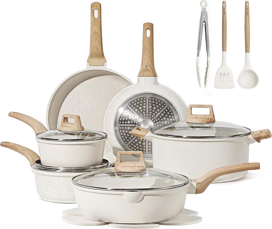 CAROTE 16 Piece Pots and Pans Set Nonstick, White Granite Cookware Sets Induction Cookware, Non Stick Cooking Set w/Frying Pans & Saucepans (PFOS, PFOA Free)