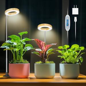 Aokrean Plant Grow Light, 48 LEDs Full Spectrum Grow Lights for Indoor Plants, Height Adjustable Faux Wood Grain Small Grow Light with Base, 3 Optional Spectrums, Auto Timer 6/12/16Hrs, 5 Brightness