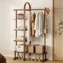 41.3" Wide 3-in-1 Freestanding Clothing Rack, Wooden Coat Rack with 4 Shelves and 5 Hooks, Solid Rubber Wood Coat Rack with Shelves for Entryway, Bedroom, Living Room, Walnut
