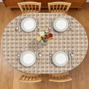 Weave Printed 48 x 68 Inch Oval Fitted Tablecloth with Elastic Edged, Waterproof Oil Proof Wipeable Oblong Table Cover for Indoor Outdoor Patio Table, Fits Oblong Oval Tables Up To 48" W x 68" L