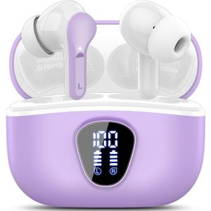 Wireless Earbuds, Bluetooth 5.4 Headphones HiFi Stereo, Bluetooth Earbuds with ENC Noise Cancelling Mic,IP7 Waterproof in Ear Earphones, 48H, LED Display Ear buds for Pad Phones Workout Sports, Purple