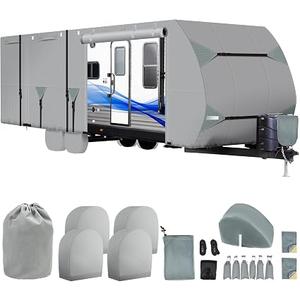 Travel Trailer RV Cover 22-24 ft, 7-Layer Thick，400 LBS Tear Resistance
Waterproof, Windproof & Anti-UV Camper Cover w/ Tongue Jack Cover, Gutter Covers, Tire Covers, Stair Cover, Straps & Storage