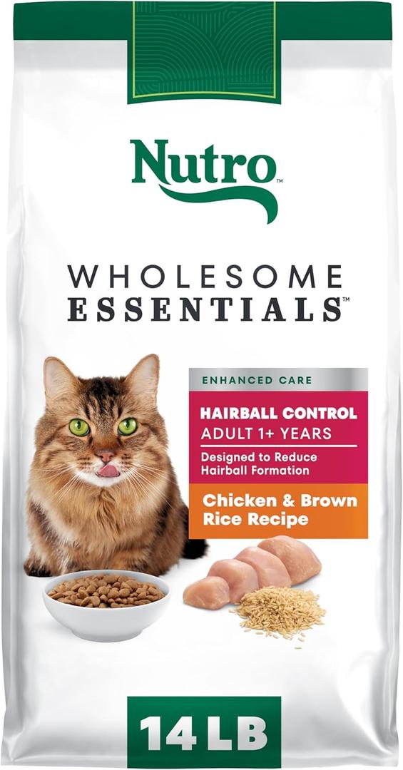 Nutro Wholesome Essentials Hairball Control Cat Food Dry Chicken & Brown Rice Recipe, Dry Cat Food for Adults, 14 lb. Bag, BB: 04 Mar 2026