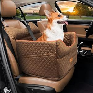 Dog Car Seat - Memory Foam Dog Booster Seat for Small Dogs Up to 25lbs-Elevated Pet Car Seat with Storage Pockets and Dog Seat Belt-Soft Pet Travel Bed for Front & Back Seats-Removable Washable-Brown