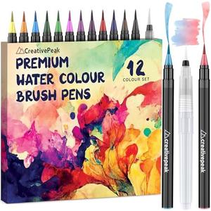 Creativepeak Watercolor Brush Pens - 12 Vibrant Soft Tip Coloring Markers with Blending Brush - Premium Art Supplies for Calligraphy, Lettering, Coloring & Journaling