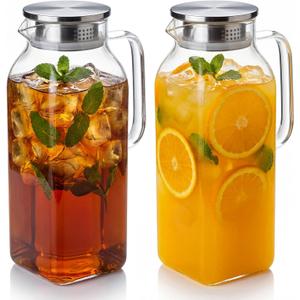 2-Pack 0.5 Gallon Glass Pitcher with Lid & Spout, Borosilicate Carafe for Hot/Cold Drinks, Large Iced Tea Water Jug with Handle, Fridge Safe & Dishwasher Safe