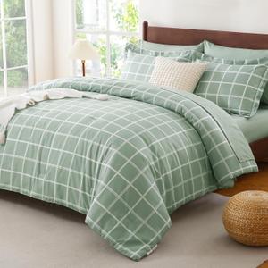 CozyLux Queen Comforter Set with Sheets - 7 Pieces Plaid Bed in a Bag Set Sage Green, Queen Bedding Sets Bed Set with All Season Quilted Comforter, Flat Sheet, Fitted Sheet, Pillowcases & Pillow Shams
