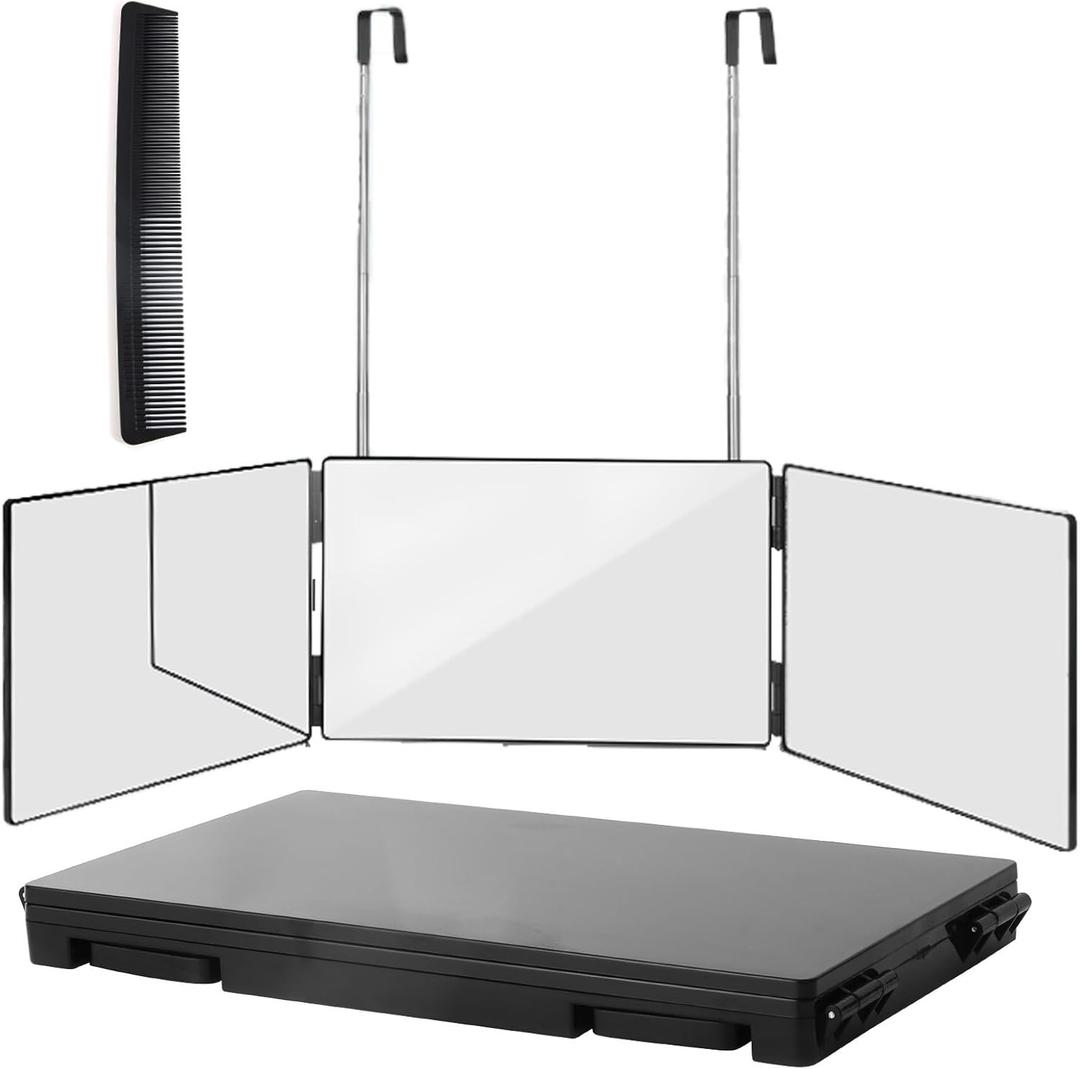 360 Viewing Mirror for Hair Cutting and Styling, Adjustable Height Mirror for Grooming, Makeup and Shaving, Clear HD Glass, Portable for Bathroom or Travel (Black)