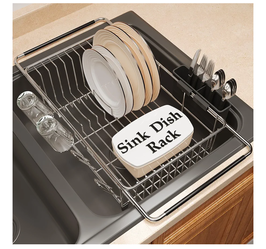 Over the Sink Expandable Dish Drainer Drying Rack In Stainless Steel for Small Kitchen, Counter Space Saving Modern Compact Metal Above Plate Dryer Strainer, Adjustable Hanging Inside Drain