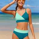 Girls Swimsuit V Neck Bikini Set Color Block with Cover Up 3Pcs Bathing Suits (Green, 13-14Y)