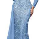 Women Sequin Beaded Mermaid Evening Gown Long Sleeve Prom Dress M