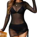 Bsubseach Mesh Swimsuit Coverup for Women Sheer Sexy Long Sleeve Dress Bikini Vacation Outfits (Small, Black)