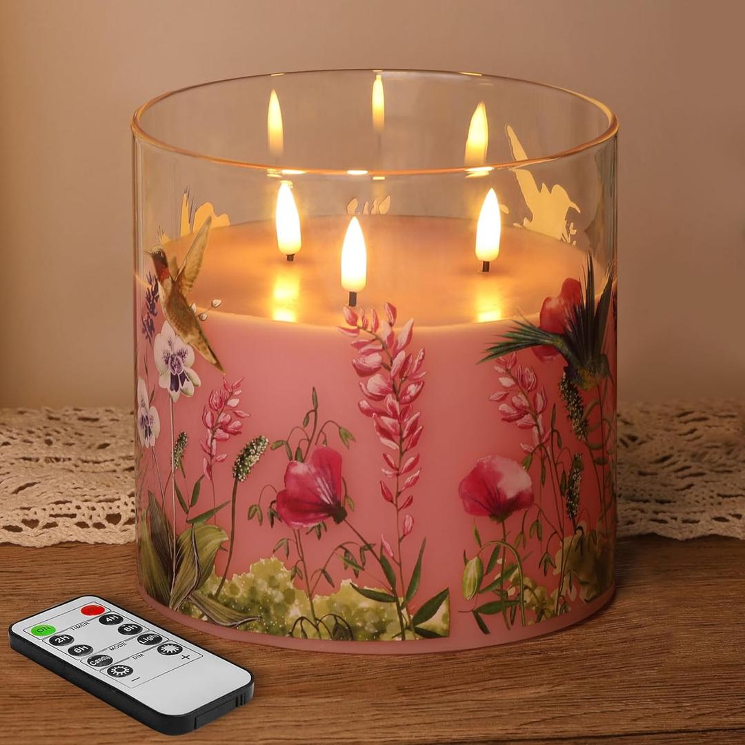 Eywamage 3 Wick Flameless Candle with Remote, Pink Hummingbird Floral Glass LED Candle, Large Battery Pillar Candle  6" H 6"