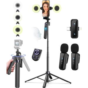 Vlogging Kit for iPhone/Android, 63 Auto Face Tracking Tripod for iPhone with Light, Wireless Microphones, Remote Control for TikTok, YouTube Starter Kit for Content Creator