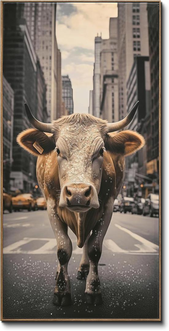 DRLWGTY Elephant and Cow Wall Art, Handmade Crystal and Sequin Details, Large Abstract Animal Paintings Decor, Unique Wildlife Artwork for Bedroom, Office, or Hallway, Living Room (Cow, 24*48 in, Framed)