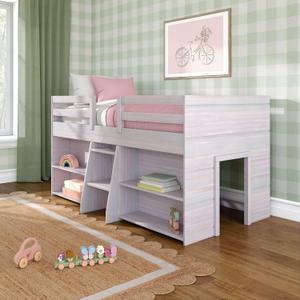 Max & Lily Modern Farmhouse Low Loft Bed, Twin Bed Frame for Kids with 2 Bookcases, White Wash