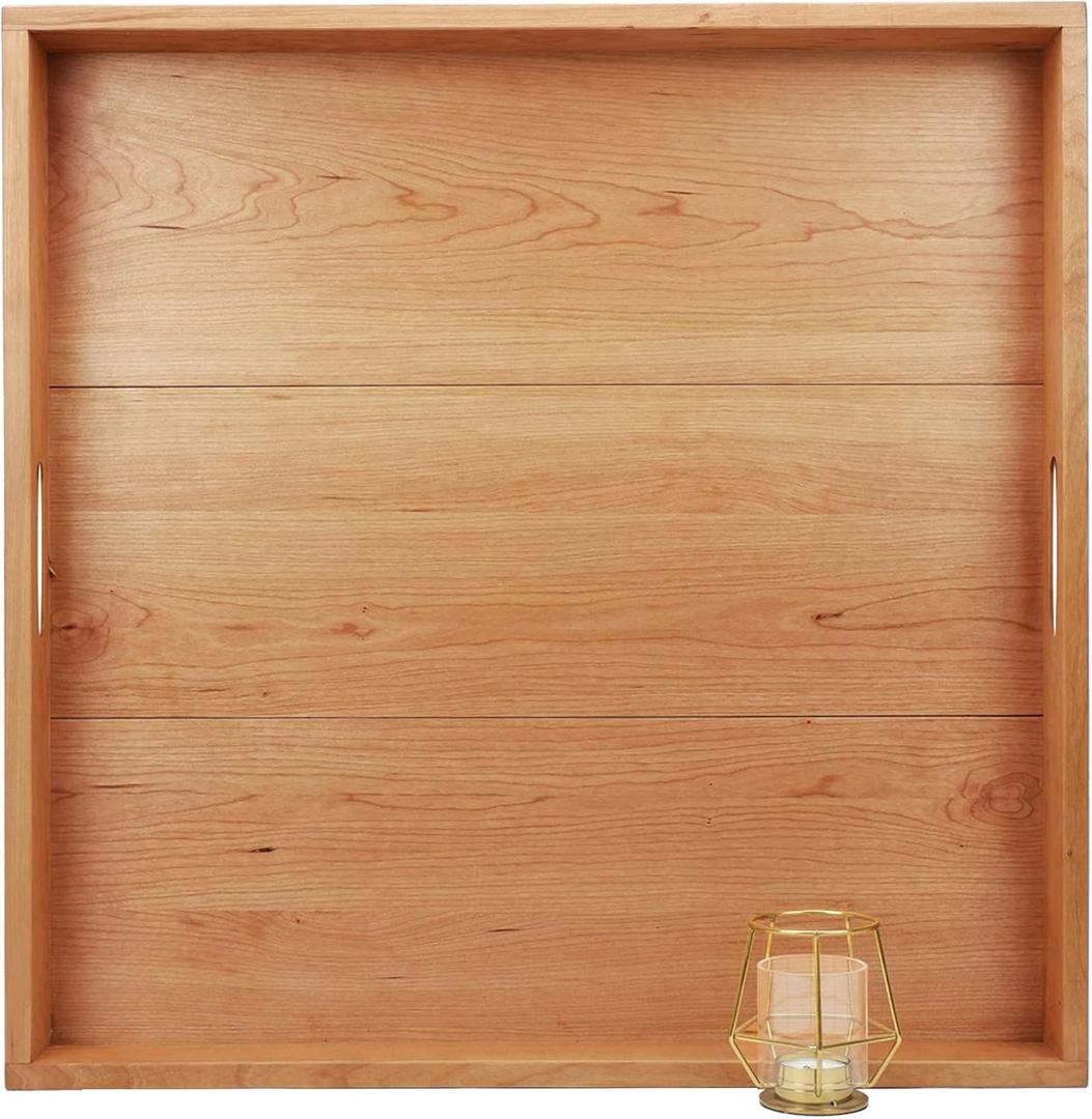 24 x 24 Inches Large Square Cherry Wood Ottoman Tray with Handles, Serve Tea, Coffee or Breakfast in Bed, Classic Wooden Decorative Tray
