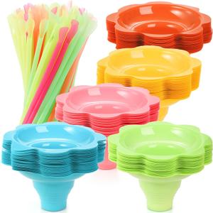 ZENFUN 200 pcs Colorful Flower Snow Cone Cups with Spoon Straws, 8 oz Snow Cone Bowl, Plactic Leak proof Snow Cone Supply, Ice Cream Bowls, Shaved Ice Drip Cups for Holiday Party