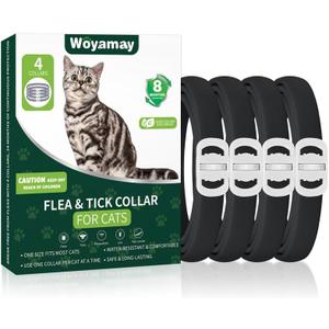 4 Pack Flea Collar for Cats, Flea and Tick Prevention for Cats, 8-Month Flea Treatment for Cats, Waterproof Cat Flea Collar, Adjustable Cat Flea and Tick Collar for Cats Kittens, Black