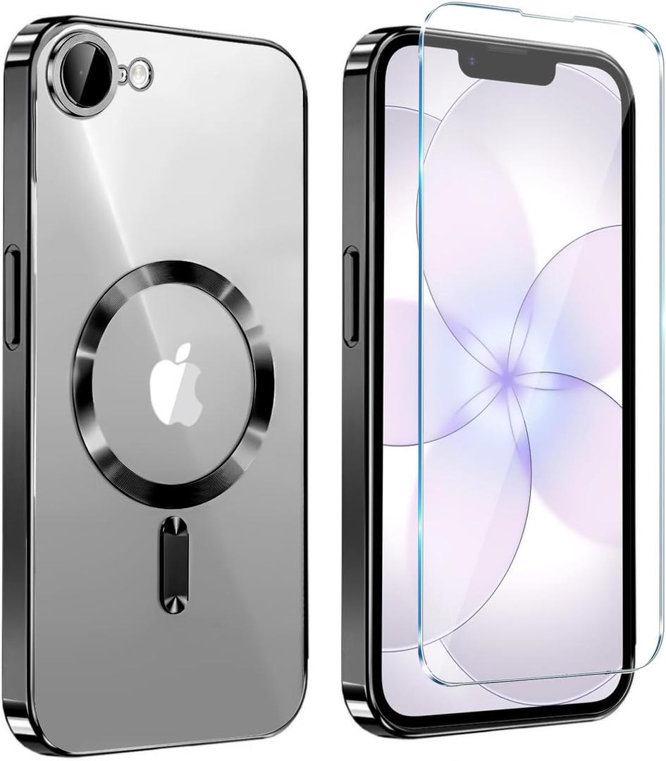Magnetic Glossy Case for iPhone 17e,iPhone17e/16e Phone Case Slim Clear Luxury with Screen Protector & Camera Protector [Compatible with MagSafe], Shockproof Cover for iPhone Case 17e-Black